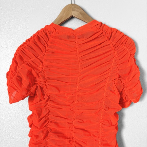 AKIRA Rory Ruched Mesh Asymmetrical Short Sleeve T-shirt Orange Womens Large Y2K - Picture 10 of 14